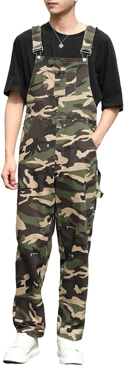Men's Camo Bib Overalls Loose Fit Camouflage Coveralls Fashion Casual Workwear Lightweight Jumpsuit with Pockets
