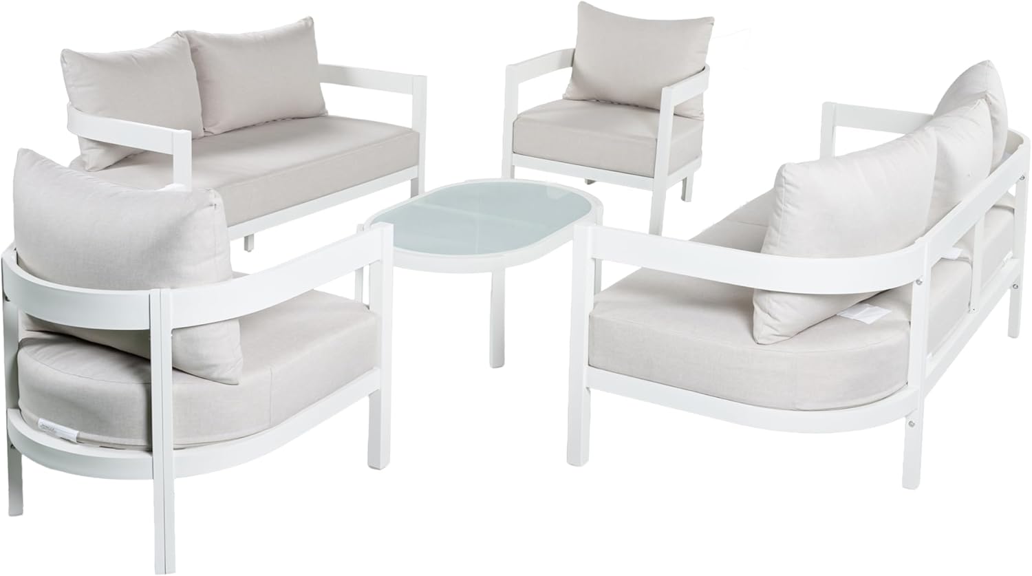 Merax 5 Piece Patio Outdoor Furniture Set, All-Weather Curved Aluminum 3-Seater Sofa Bed, Loveseat Sofa, 2 Armchairs w/Coushions, 1 Oval Coffee Table for Porch, Lawn, Backyard, Balcony, White