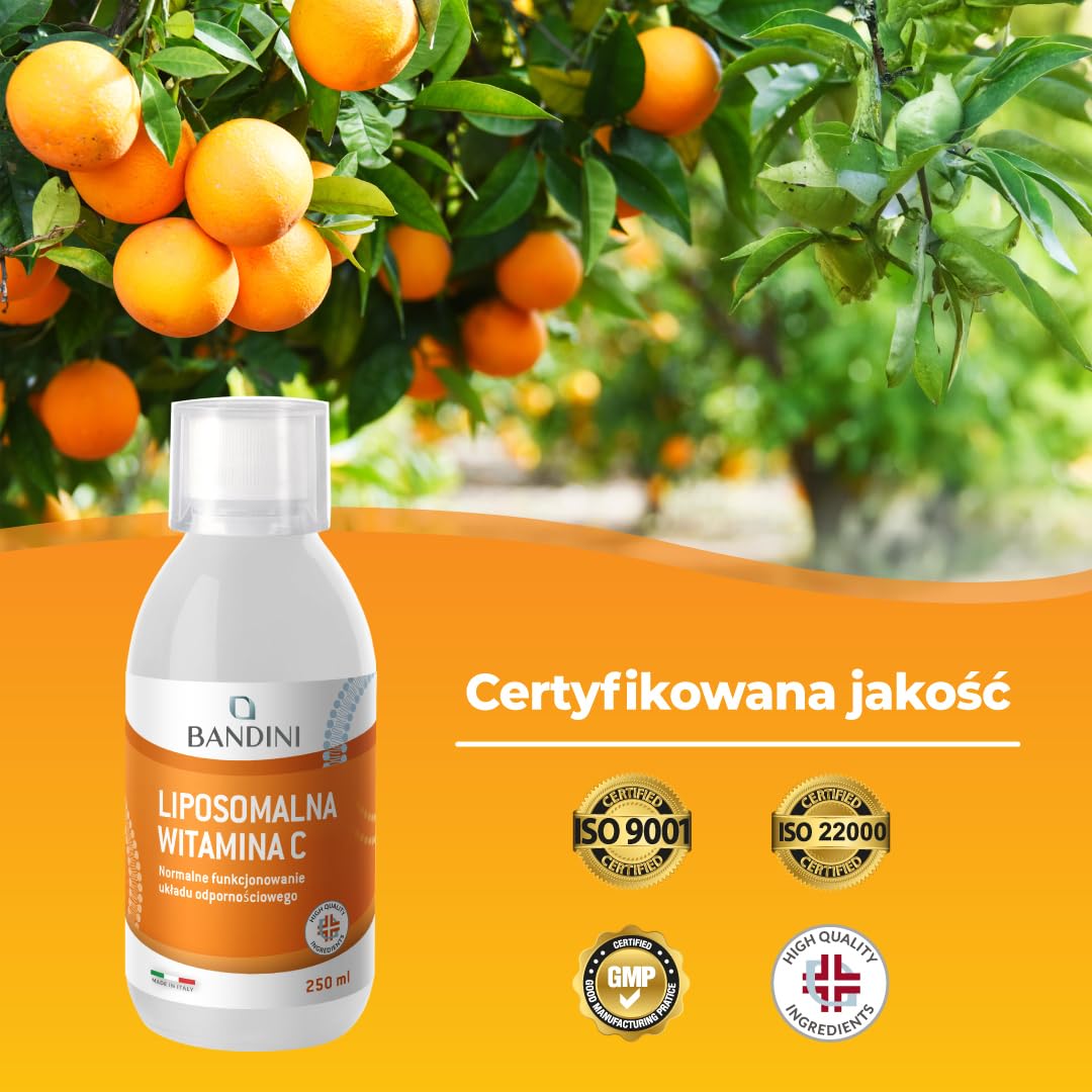 Bandini® Płynna liposomalna witamina C BANDINI PHARMA, suplement diety 1000 mg, wysoka dawka i wchłanianie, wysoka biodostępność, przeciwutleniacz, bez GMO, 250 ml z nasadką dozującą