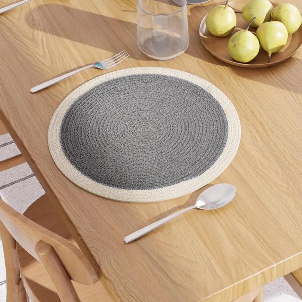 Image of Cotton Rope Placemats, Round Red with White Border, Set of 4, Heat Resistant Table Mats (Grey and White)
