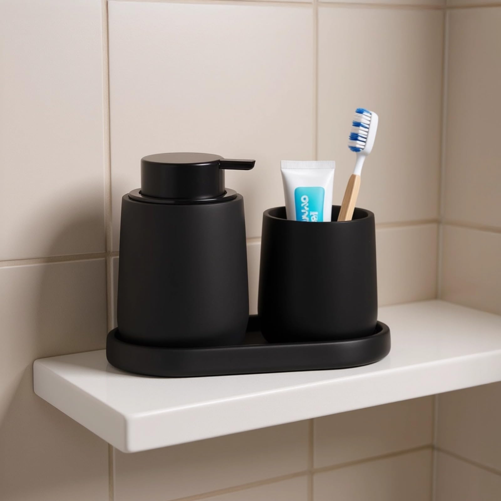 Schwarze Keramik Badezimmer Set: Spender, Halter, Tablett
