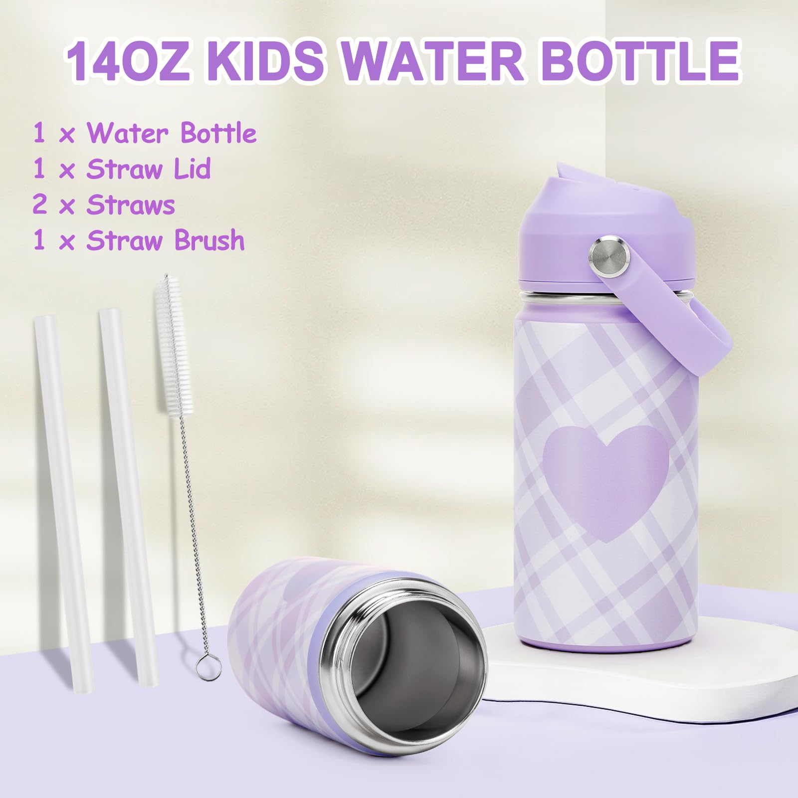 Bevalsa Bento Lunch Box for Kids with Insulated Water Bottle & Lunch Bag Set - 43oz Lunch Containers Lunchbox, 16oz Termos Kids Water Bottle, Lunch Bag & Ice Pack for School Girls Kid (Plaid)