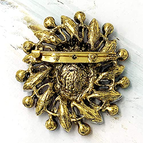 Image of SELOVO Flower Rhinestone Statement Brooch Pin Broach Antique Gold Tone