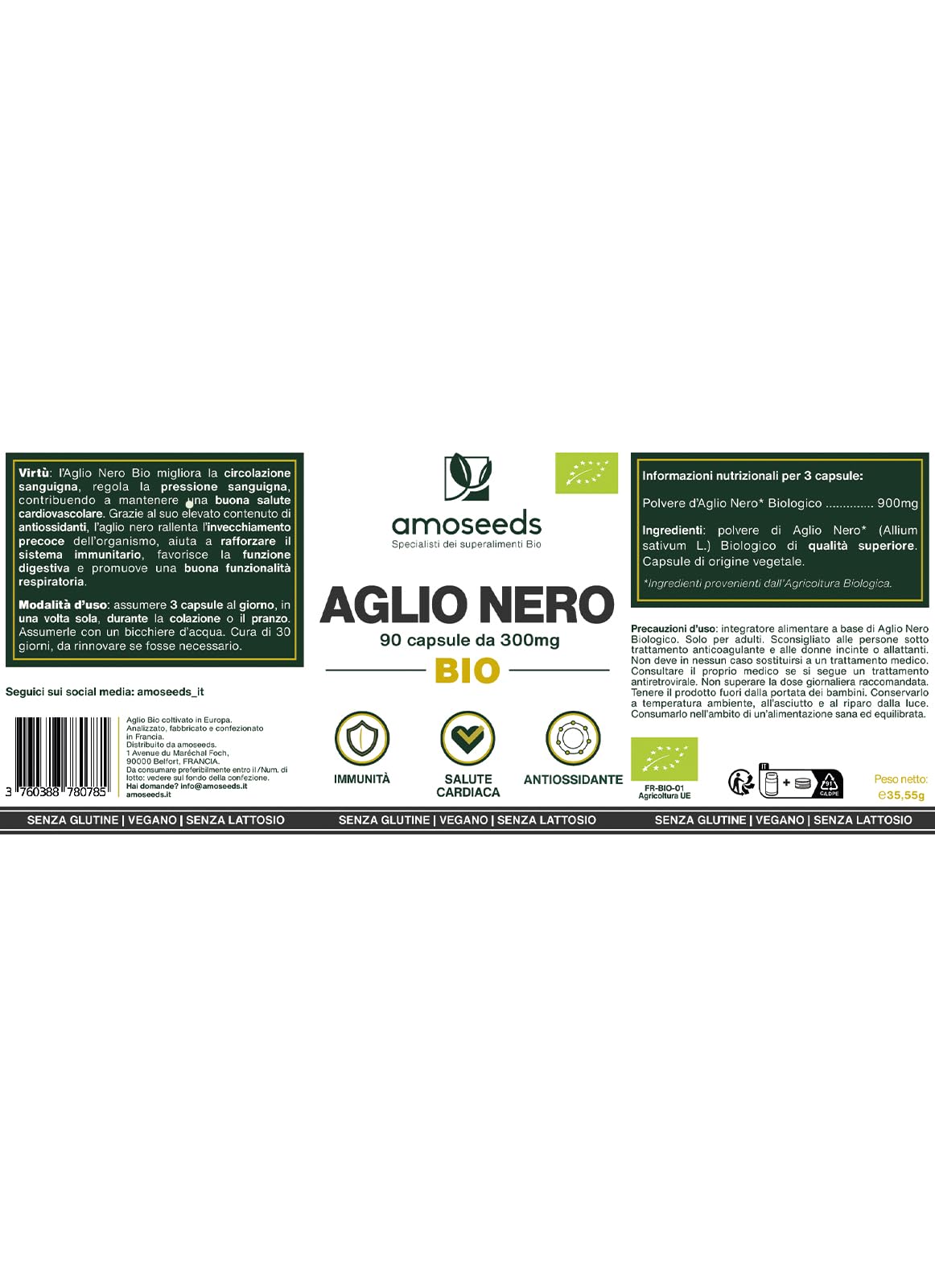 Aglio Nero BIO | Extra Forte, 900mg / Giorno | Contiene S-allilcisteina (SAC), 90 capsule | Cuore, Circolazione Sanguigna, Immunità | Allicina, Integratore di Aglio Capsule | Qualità superiore