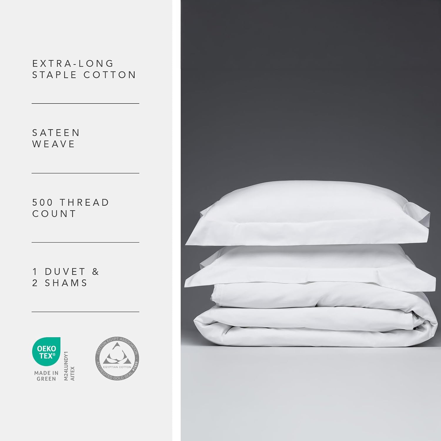 Fishers Finery 100% Egyptian Cotton Sheet Sets, 500 Thread Count 3 Piece - Premium, Soft and Cooling Sateen Weave - Duvet Cover and 2 Shams (White,K, Duvet Set)