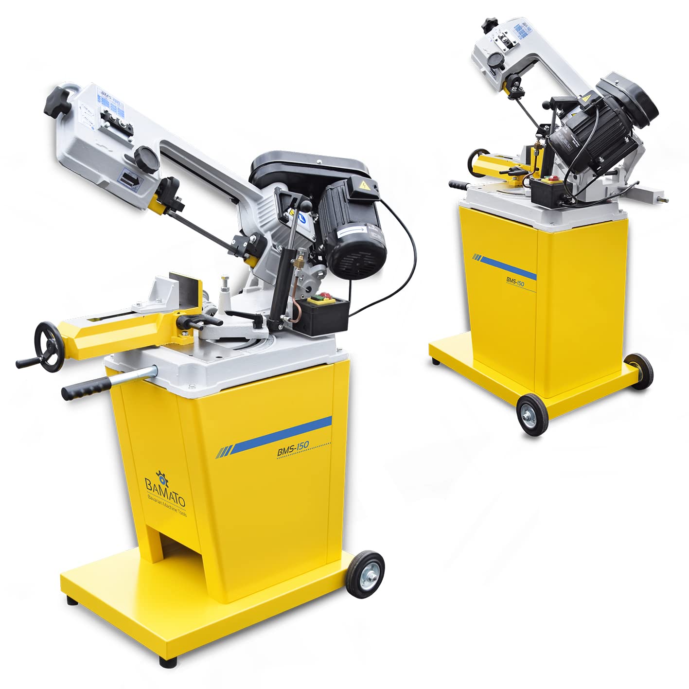 BAMATO Metallbandsäge BMS-150 (400V) inkl. Untergestell | 1x Sägeband | 3 Sägebandgeschwindigkeiten | Stufenlose Absenkung | Mit Fahrwerk | Bandsäge Metallsäge