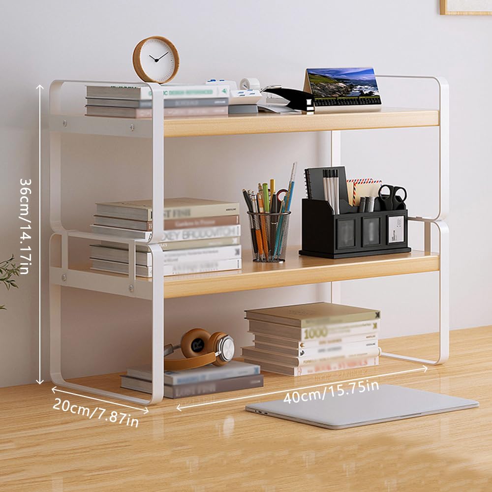 Hggzeg Étagère de bureau en bois à 2 niveaux multi-usages pour le stockage à la maison, au bureau, à l'école (blanc + tronc)