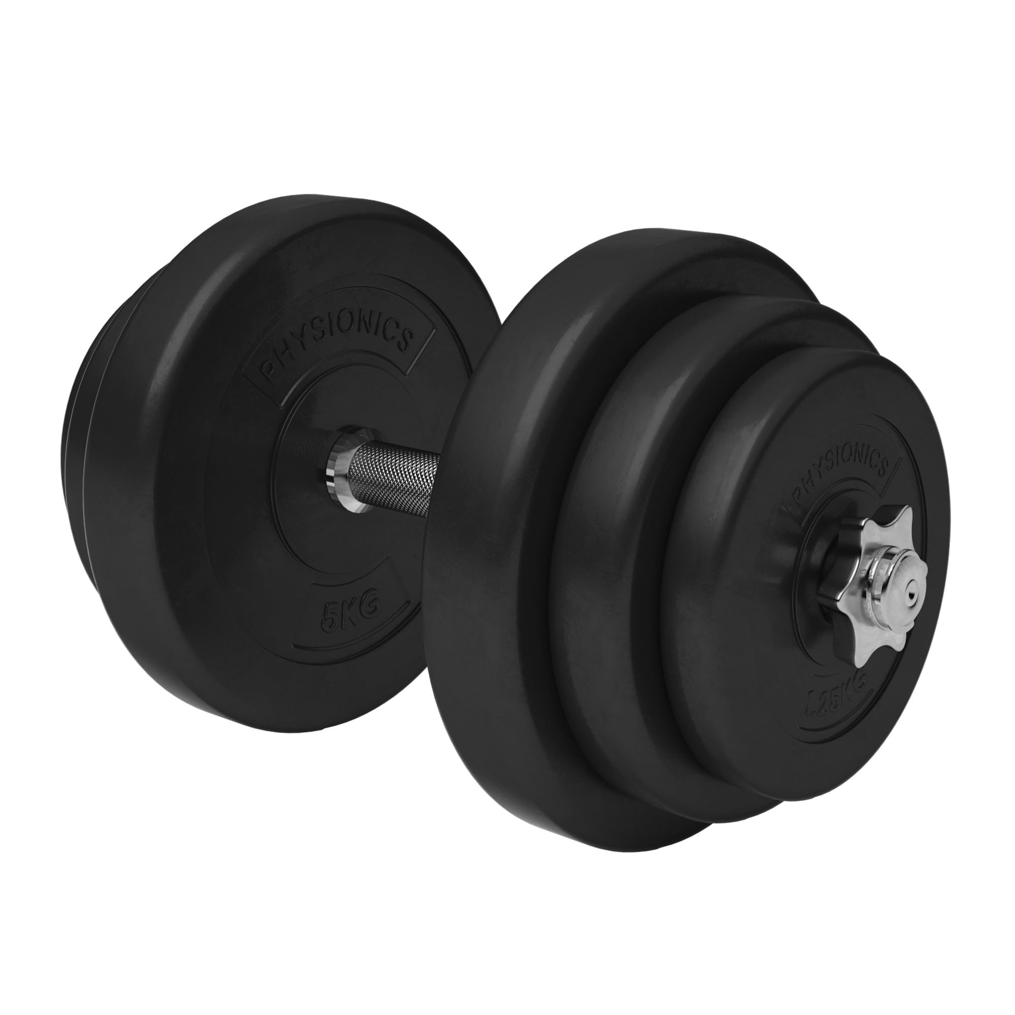 Physionics® Zestaw Krótkich Hantli – 20, 30, 40 Kg, Uchwyt Radełkowany, Ø 25 Mm, Z Tworzywa Sztucznego i Stali, Zaciski Gwiazdowe – Sztangi, Hantle Krótkie, Zestaw Hantli (20 Kg (Drążek Stalowy))
