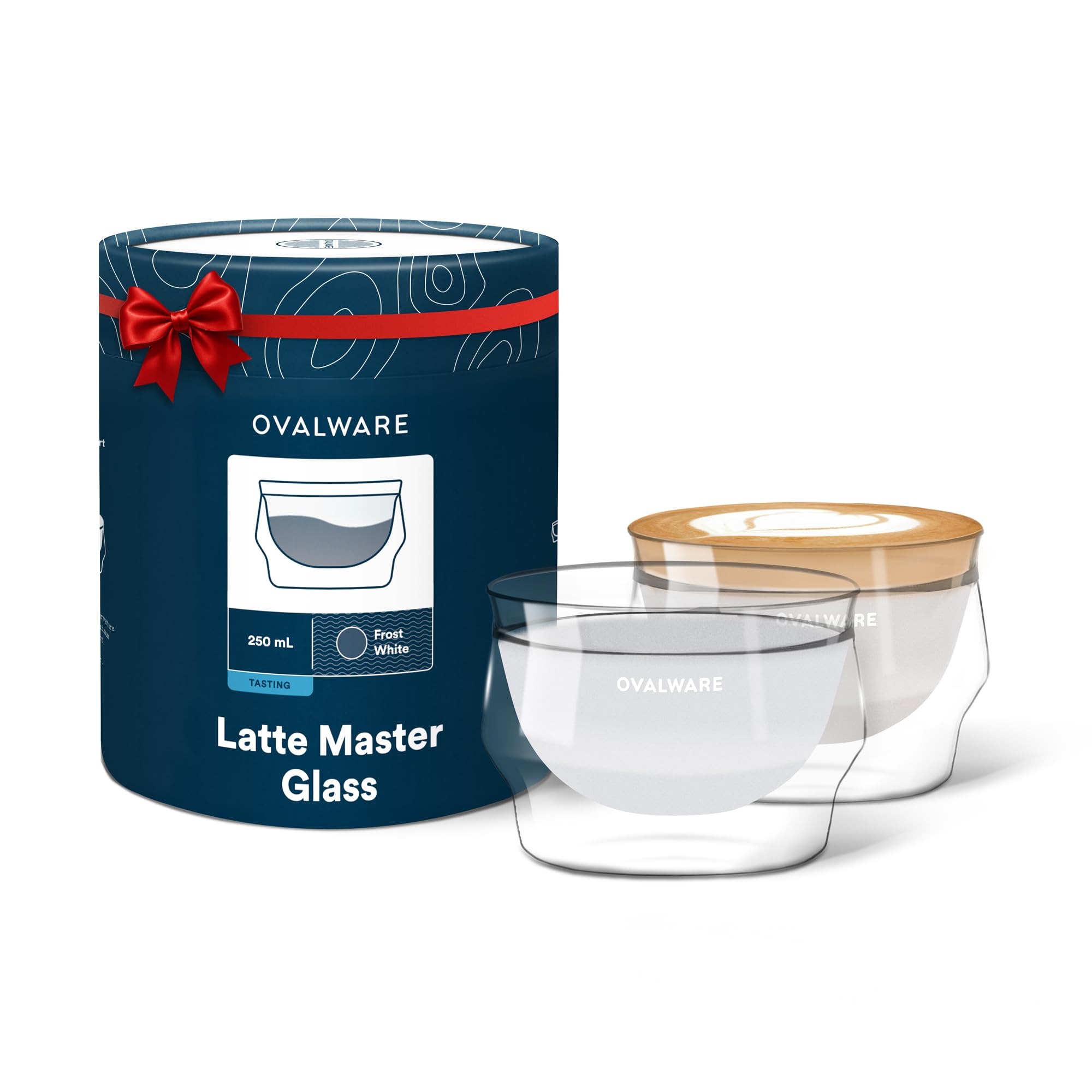 ovalware 8.5oz Double Wall Latte Cups, Latte Set of 2 - Latte Glasses for Cold & Hot Drink, Palm-Sized Cups with Wide Rim for Artistic Designs - Frost White