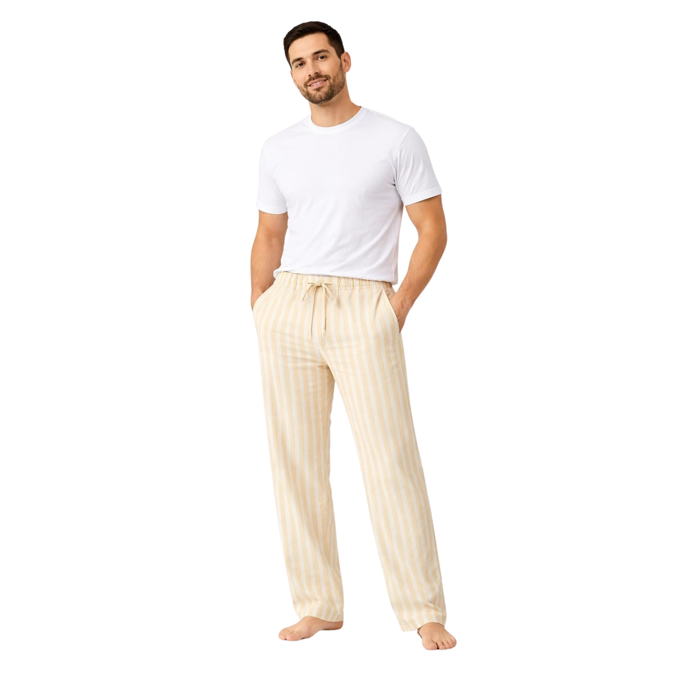 Men Casual Striped Pants Relaxed Fit Elastic Waist Comfortable Lounge Trousers for Home Office Travel and Everyday Wear (Peach and White, L)-image-16