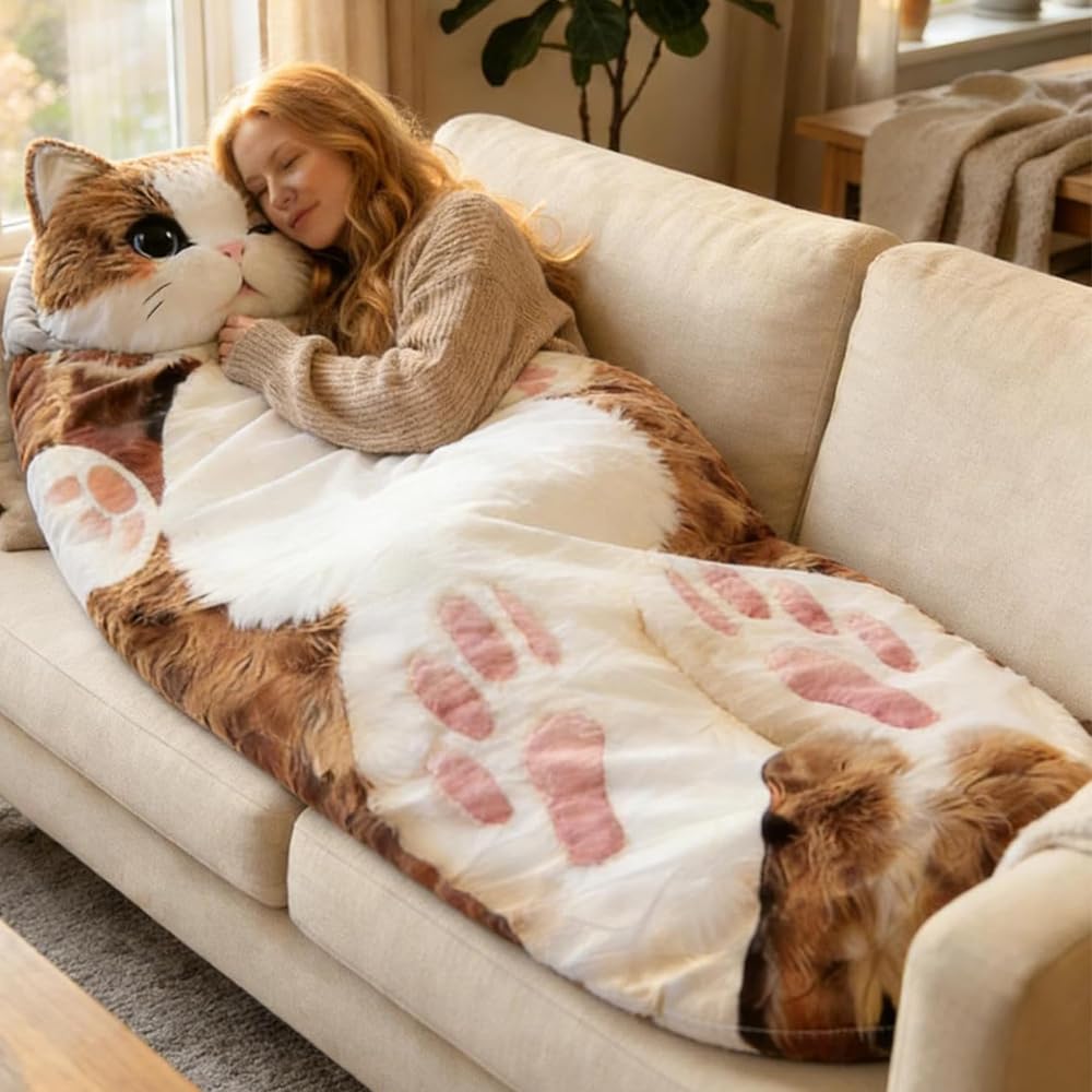 Cat Sleeping Bag for Humans,Plush cat Print Envelope sleeping bags,Fluffy Cat Sleeping Bag for Adults,Adult Soft Sleeping Bags for Camping,Sleepovers & Home,Washable Warm Blanket (C)