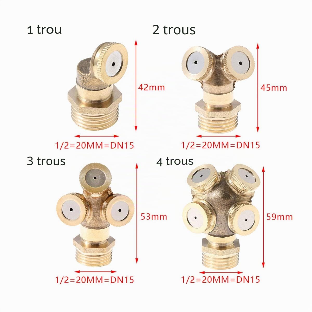 Buse de brumisation en laiton de 1/2/3/4 trous pour arroseur de jardin, raccord d'eau avec adaptateur de 1,27 cm pour jardin extérieur (4 pièces/lot)