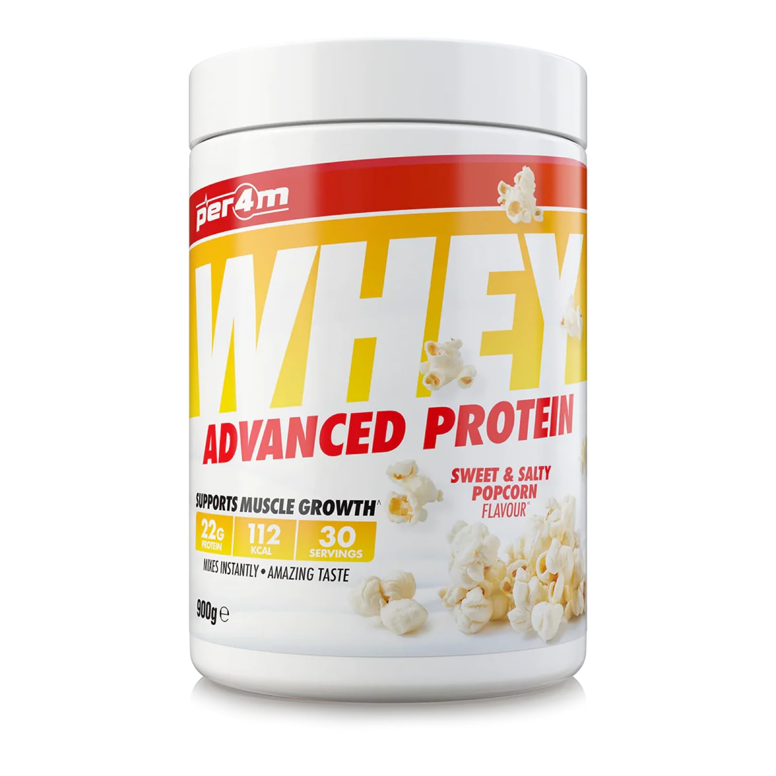 per4mProtein Whey Powder | 30 Servings of High Protein Shake with Amino Acids | for Optimal Nutrition When Training | Low Sugar Gym Supplements (900g, Sweet Salty Popcorn)