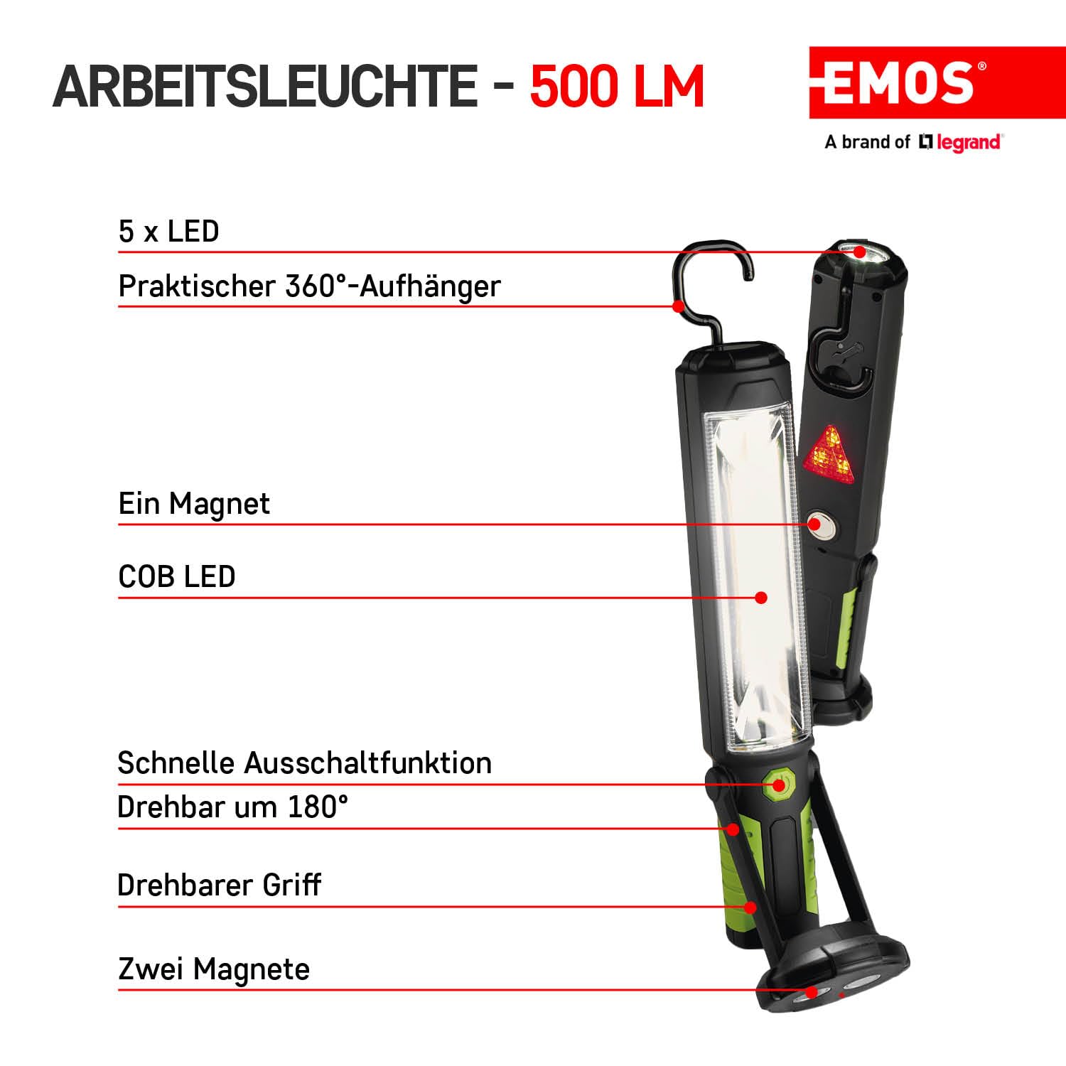 Emos e708 a de COB + 5, recargables lámpara – 5 W COB LED, plástico, Green, 6, X 32 X 7, 6 cm