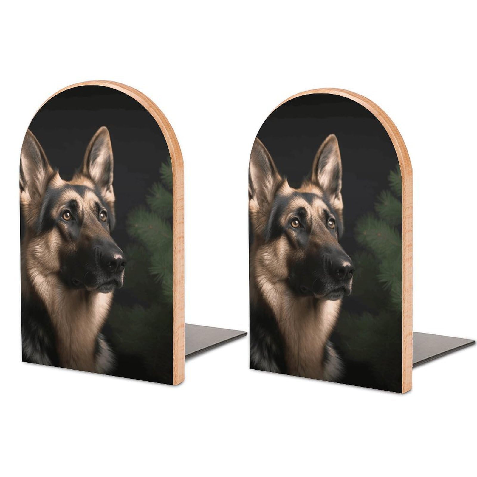 German Shepherd Book Ends for Shelves - 2 Pack Handmade Wooden Bookends with Metal Base, Sturdy Book Holder for Heavy Books Modern Decorative Book Stopper for Home Office