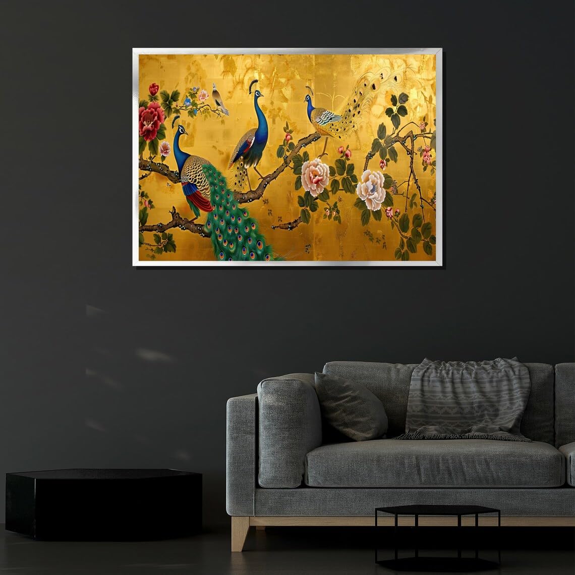 LMYCHENG Vintage luksusowy paw plakat złoty obraz kwiatowy na płótnie | Stylowa dekoracja ścienna do domu (20x30 cm/rama wewnętrzna)
