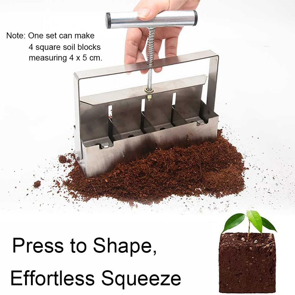 Pressa manuale per terra, 4 celle, 5 cm, strumento per blocco di terra manuale con 3 dimensioni di picchetti per semi, per piantine, giardino, allevamento