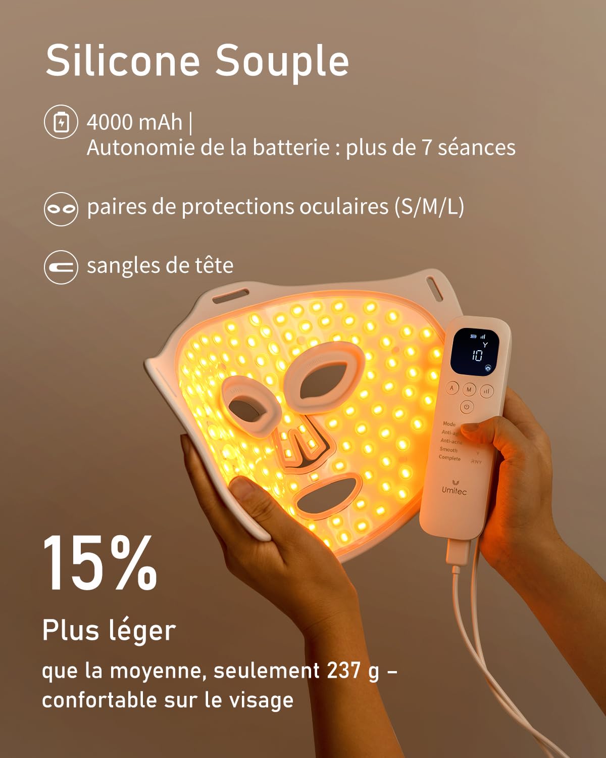 Masque LED, Masque LED Visage Luminothérapie, 4 modes, Cartographie des zones du visage, Minuterie, Skincare at Home - KB.0008(Blanc)