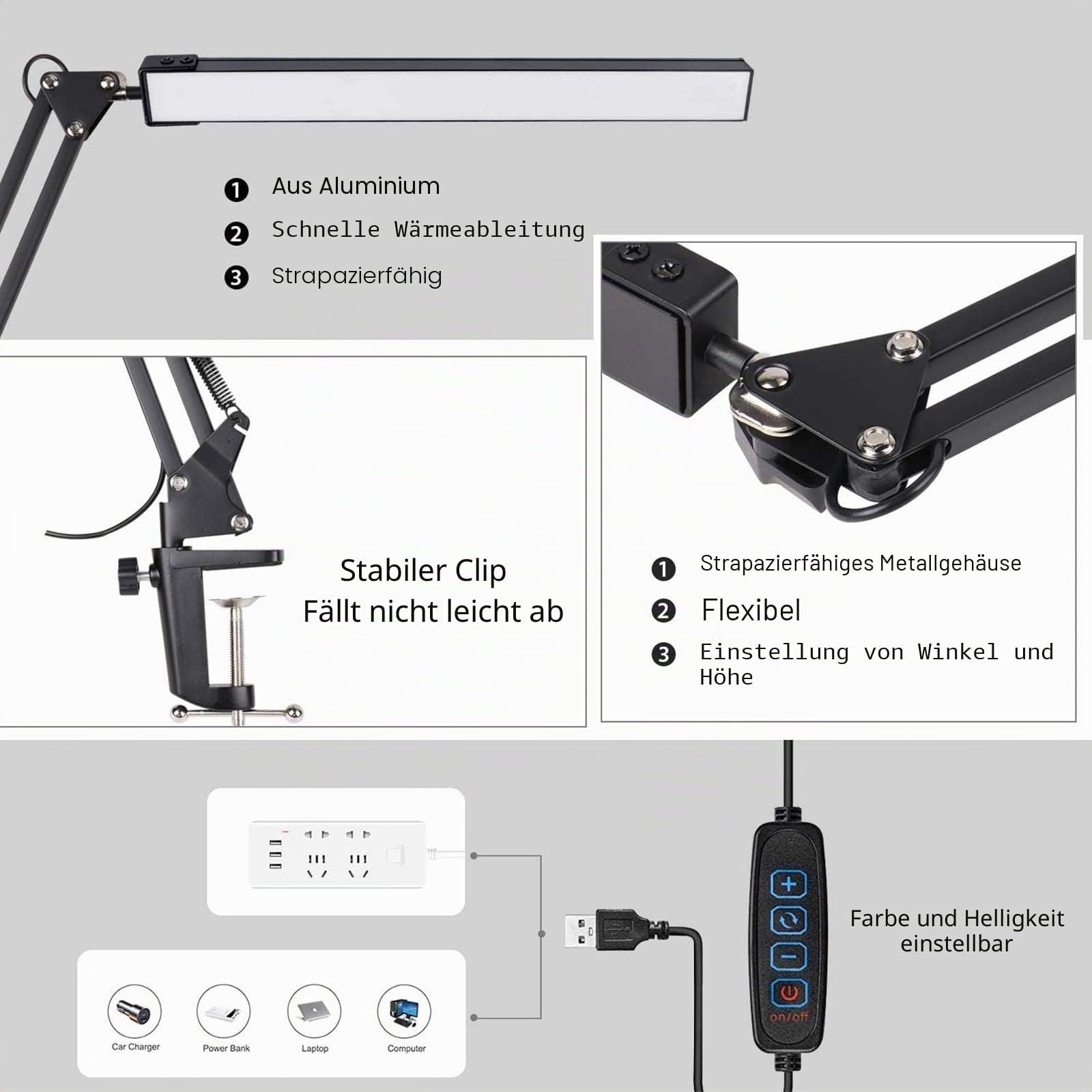 SKYLEO Schreibtischlampe Dimmbar - Desk Lamp mit Clip - Augenschutz Schreibtischleuchte - 3 Lichtmodi x 10 Helligkeitsstufen - Schwarz