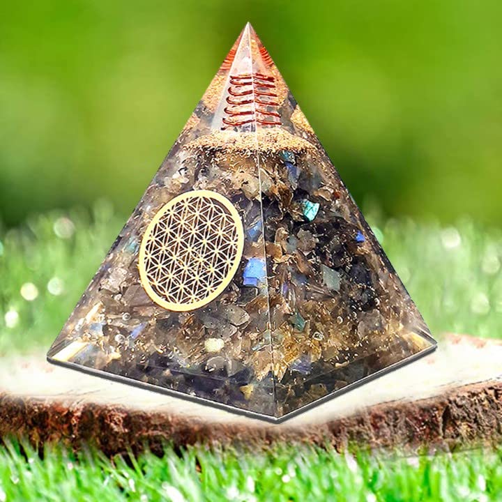 Image of Labradorite Orgone Pyramid Handmade - Orgonite Crystal Pyramid with Copper Coil - Meditation Decor, Spiritual Desk Accent, Chakra Inspired Home & Office Gift