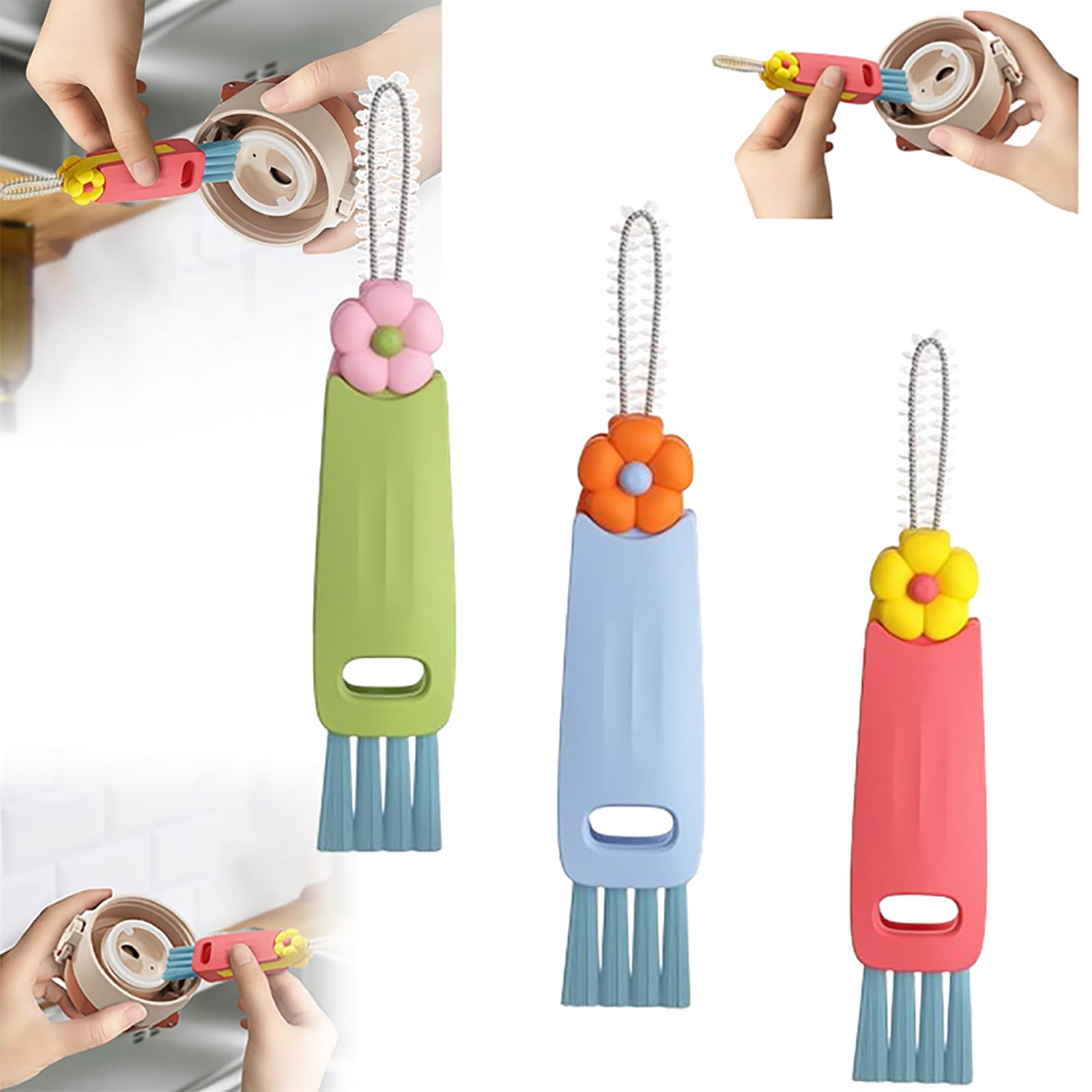 3 in 1 Upgrade Multifunctional Crevice Portable Bottle Gap Cleaning Brush, Tight Spaces Cup Holder Cleaner (3 Color, 3 Pack)