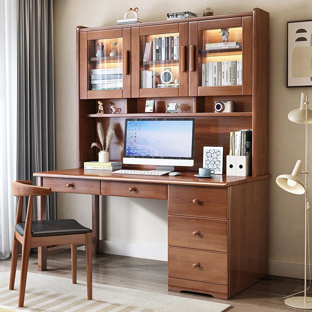 Wdsopk Brown Modern Home Office Desk With Hutch, Study Table Workstation With Drawers & Glass Door, Perfect For Small Spaces, Ideal Study Writing Desk（-120 * 60 * 186Cm）