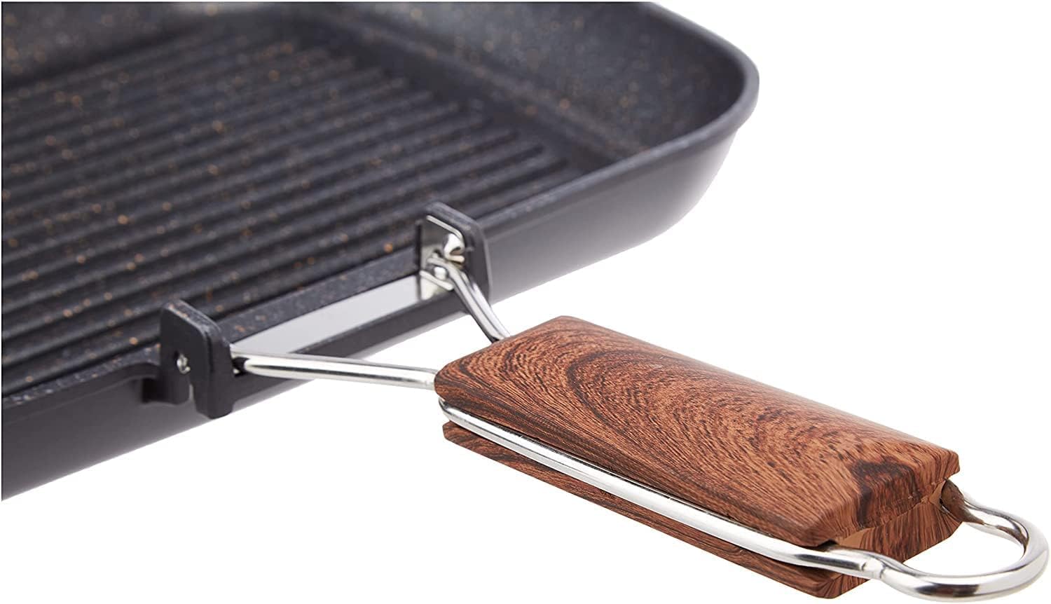 WECOOK! Ecochef Titane Poêle à Griller Induction Lisse, 28x28cm, Antiadhésive QUANTANIUM Écologique sans PFOA, Fonte d'Aluminium, Épaisseur 5 mm, Poignée en Bois Pliable, Vitrocéramique, Gaz