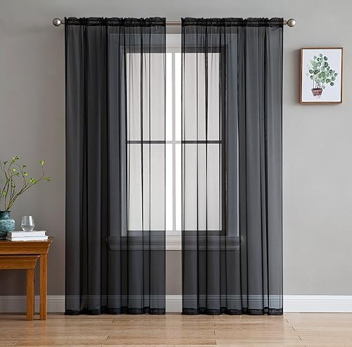 HLC.ME Paneles de cortinas de gasa transparente negra con bolsillo para barra de tratamiento de ventanas para dormitorio y sala de estar (54 x 84
