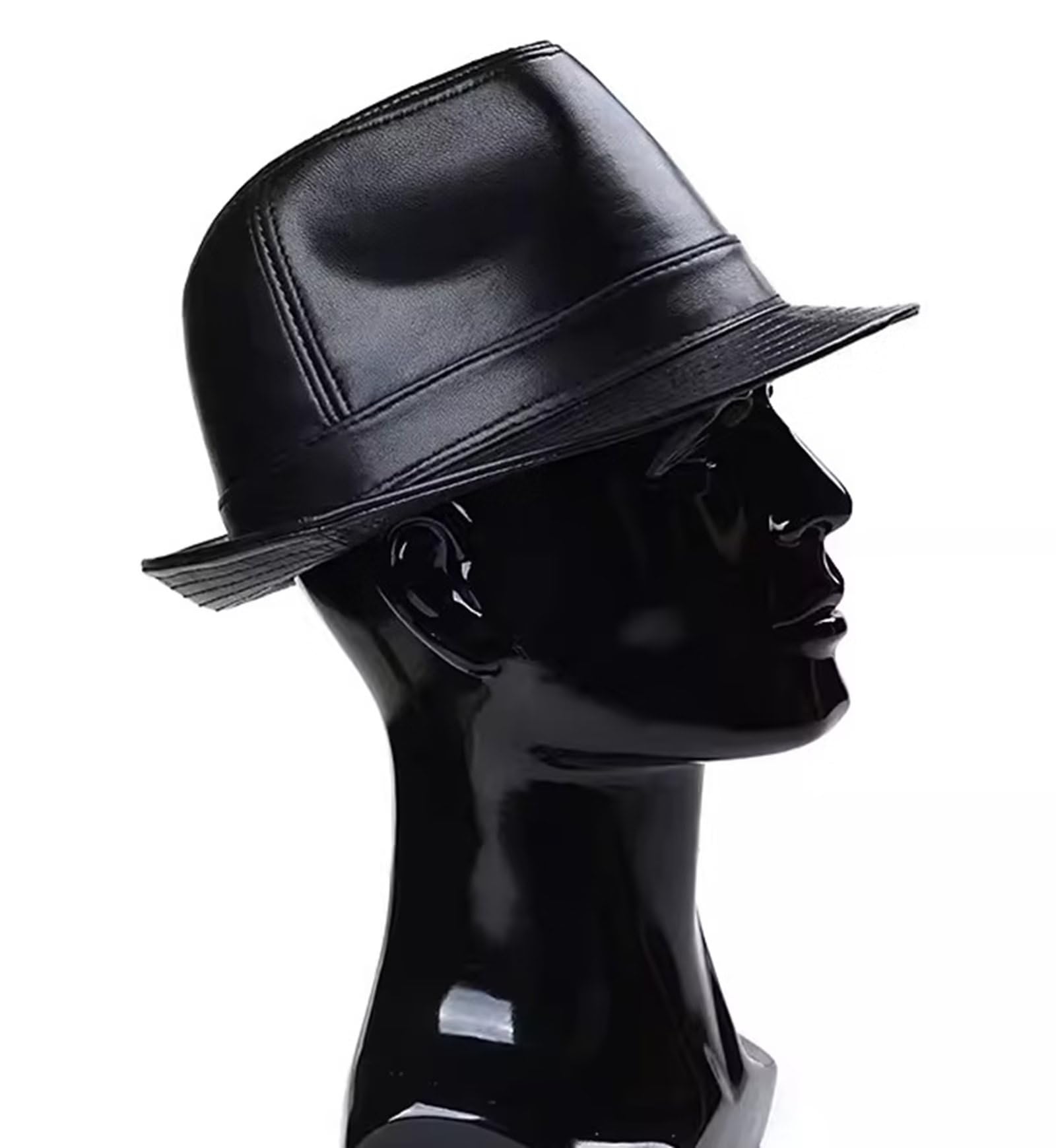 Fedora Pelle Cappello da Jazz Uomo Elegante Berretto in Pelle Autunnale Invernale Cappello a Tesa Larga retrò Cappelli Trilby da Esterno