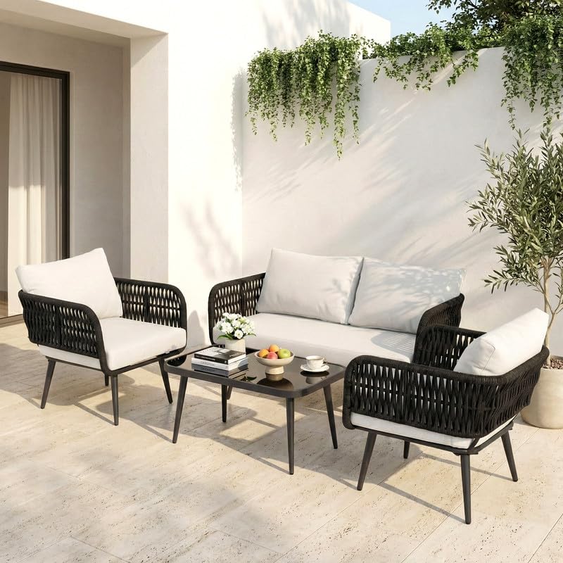 Image of BRISHI Outdoor Sofa Set || Balcony Sofa || Patio Furniture Sets | Conversation Sets | Braid & Rope Garden Seater Sofa Set and Center Table (4 Seater Black-White)