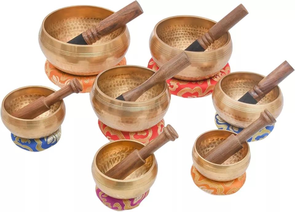 FASHERATI Tibetan Singing Bowl, Hand Hammered Design, Meditation Singing Bowl with Cushion and Mallet (Set of 7)