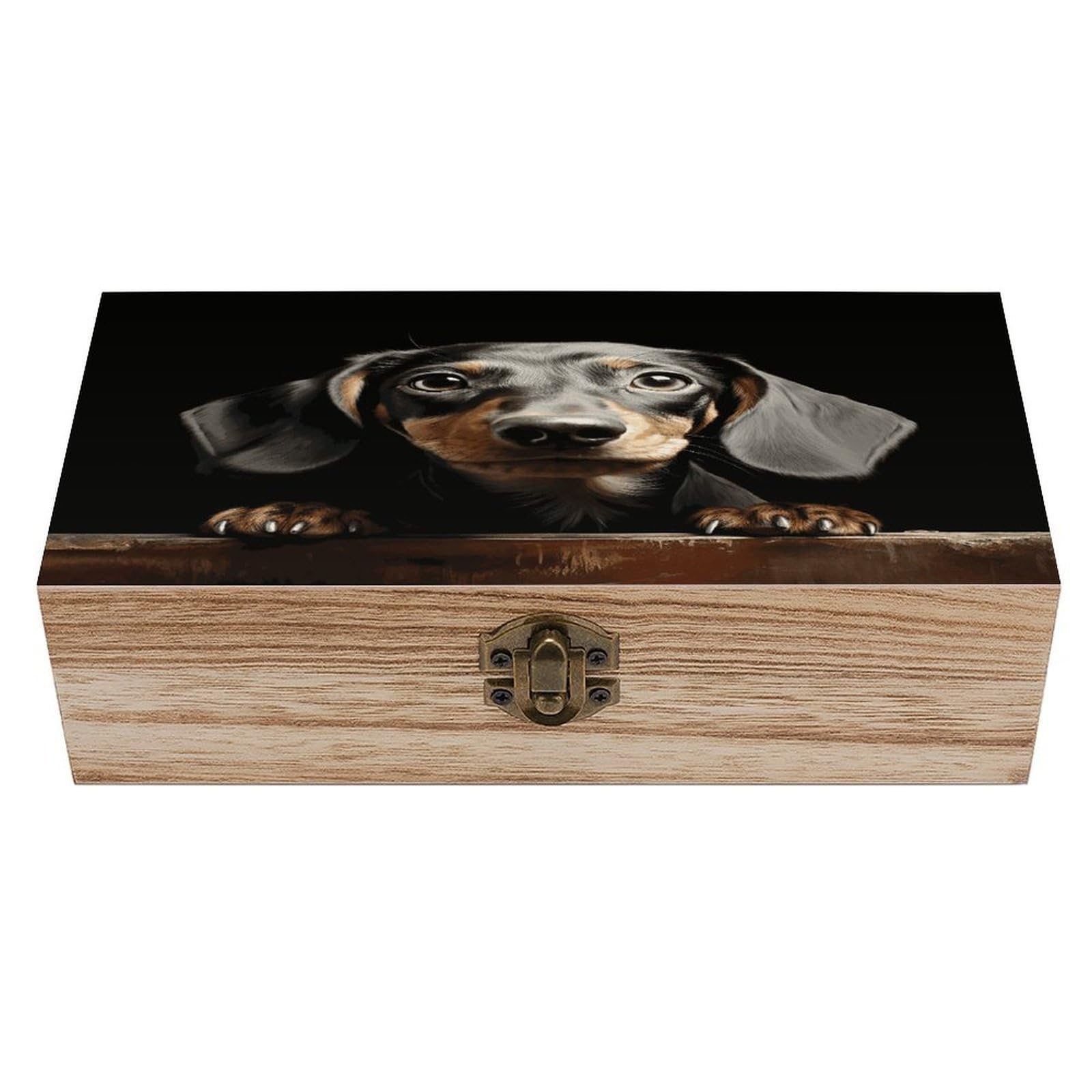 JTREHY Pad Dachshund Wooden Keepsake Box Vintage-Style Wood Keepsake Case with Hinged Lid Solid Wood Boxes Beautifully Memory Treasure Case Vintage-Style Wooden Storage Box