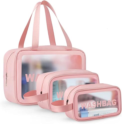 LULU Deer Juego de bolsas de maquillaje y lavado de viaje translúcidas para mujer, impermeables, de tres tamaños, gran capacidad con asa, a prueba