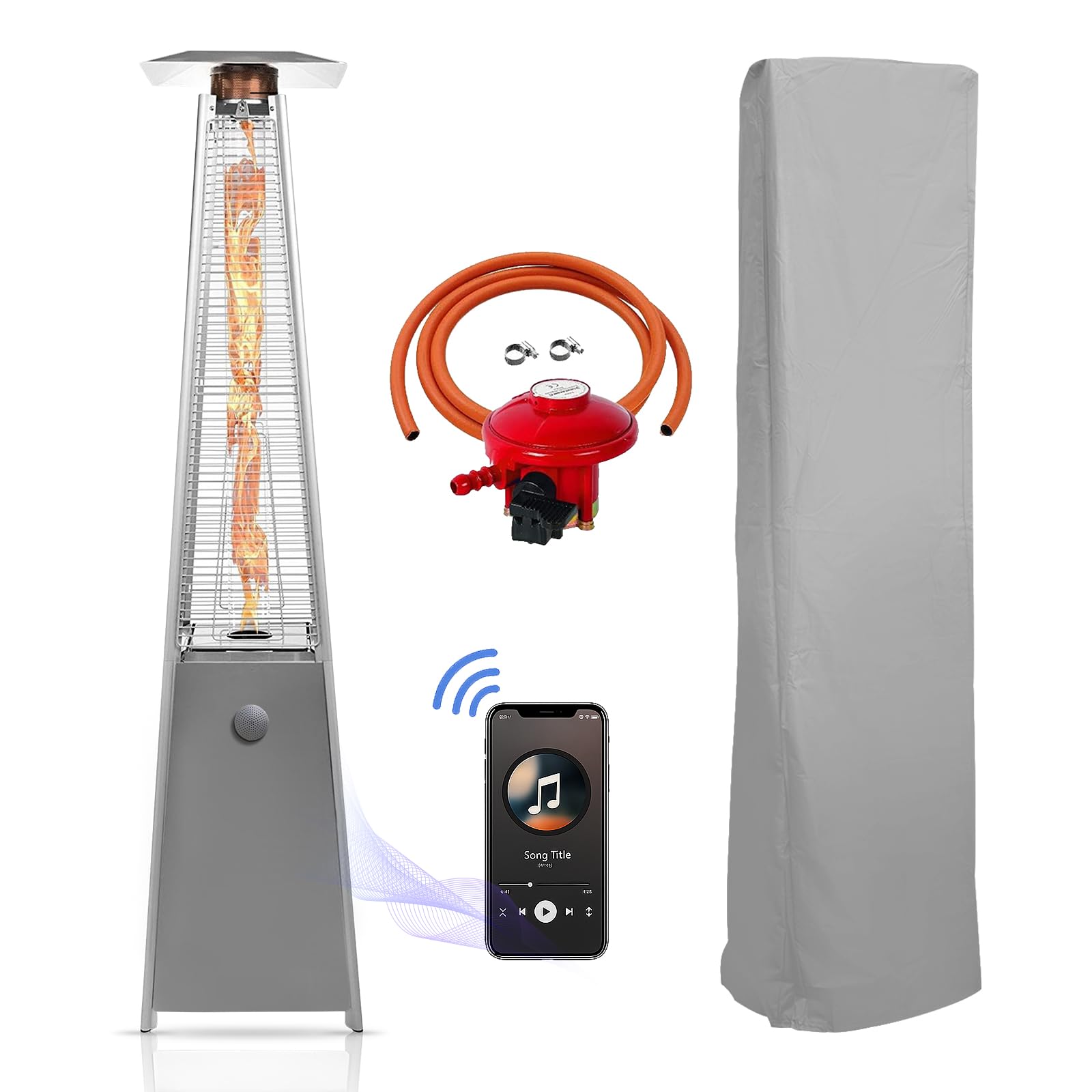 Outdoor Patio Gas Heater | Garden, Camp, BBQ Parties | Stainless Steel Pyramid Style 13kw Propane Burner | Portable Wheels, Regulator & Hose | LPG Warm Heating Fire & Water Proof Cover Included