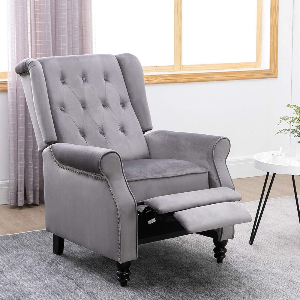 Boju Adjustable Living Room Recliner Chair Grey Vintage Bedroom Armchair Single Sofa Chair Wing Back With Velvet Fabric Upholstered Seat Push Back Fireside Reclining Chairs Amazoncouk Home Kitchen