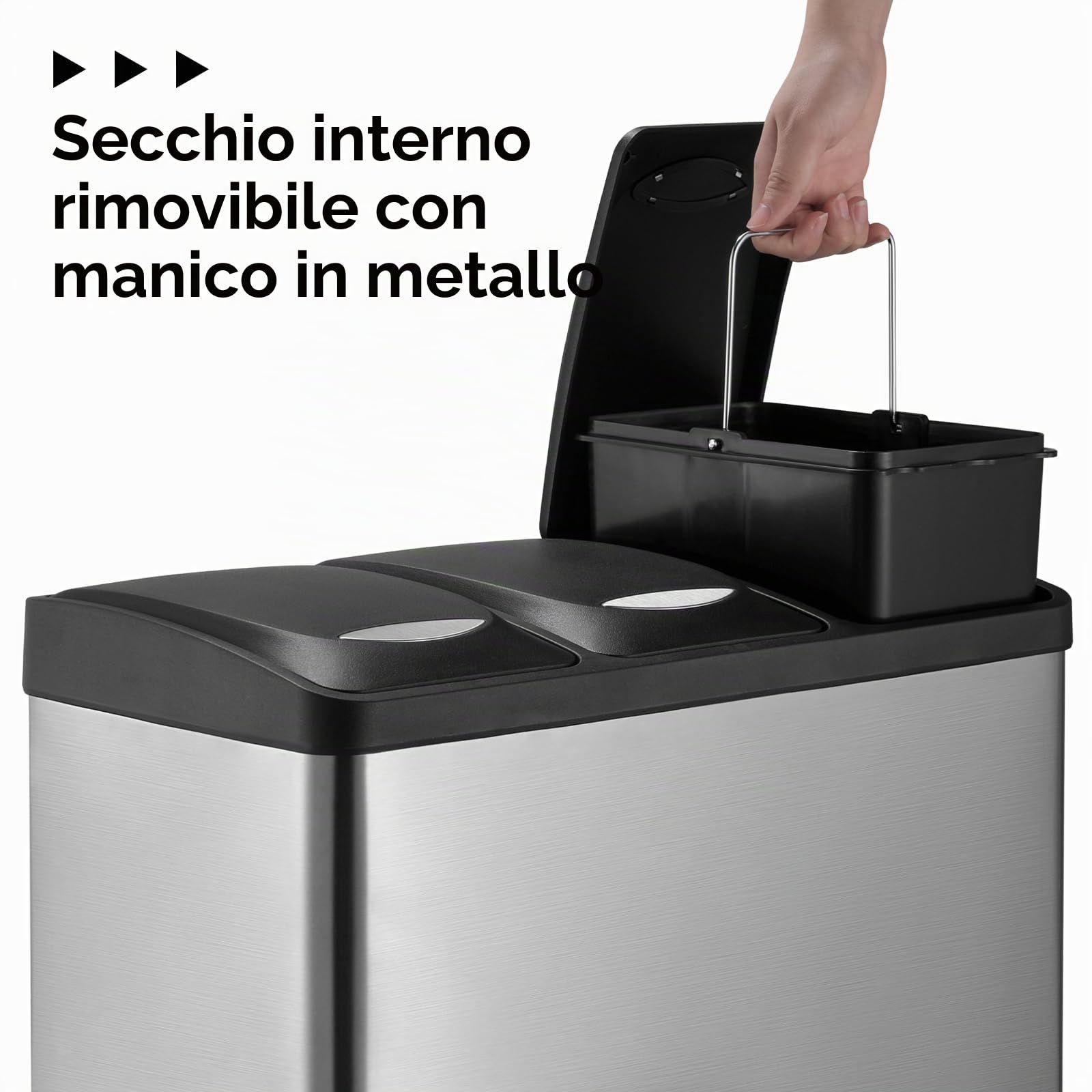 LIFERUN Pattumiera a 3 scomparti, 3 x 8 l, sistema di raccolta differenziata della spazzatura da 24 litri, piccola pattumiera a pedale in acciaio inox con coperchio, 3 secchi interni rimovibili