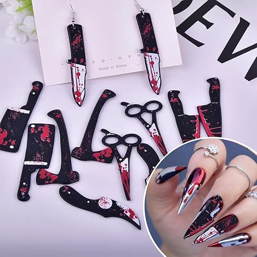 Miniatura 6 de 12 dijes de uñas de Halloween para uñas acrílicas, cuchillo de sangre de terror 3D, tijeras, hacha, dijes de Halloween para uñas, cuchillos,