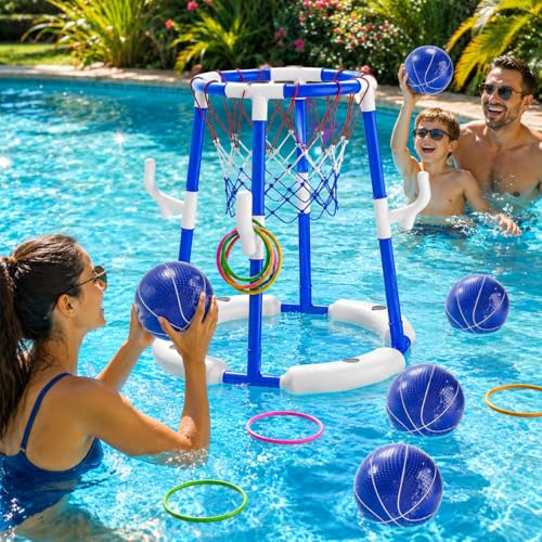 2-in-1 Pool Basketball Hoop & Ring Games with 4 Balls 12 Rings and Pump, Summer Water Outdoor Party...