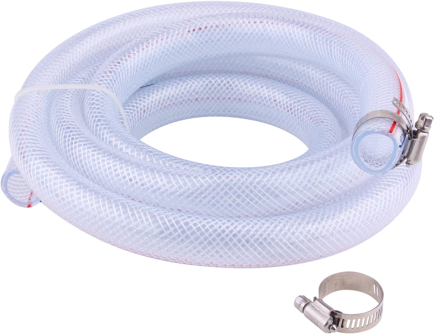Soft Braided PVC Tubing - 3/4" ID x 1" OD High Pressure Clear Flexible PVC Tube Reinforced Vinyl Hose for Water, Oil with 2pcs Hose Clamps (10Ft)
