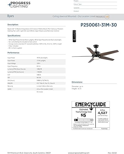 Miniatura 11 de Progress Lighting P250061-009-31M Byars Ventilador de techo LED de transición integrado de 5 aspas, negro mate con kit de luz y pantalla de ópalo