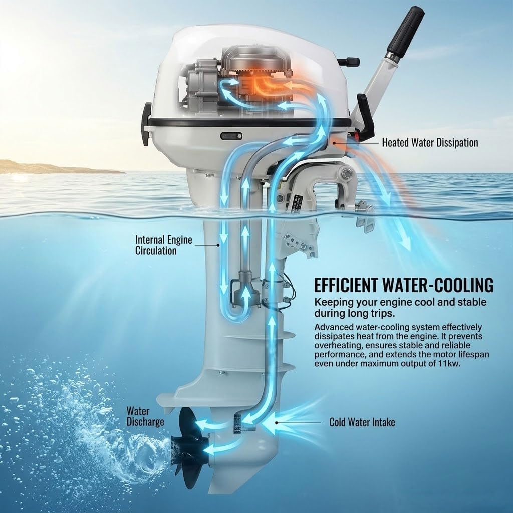 15 HP 2-Stroke Outboard Motor, Manual Start Water-Cooled Boat Engine Compatible with Small Boat Fishing Boat Inflatable Boat