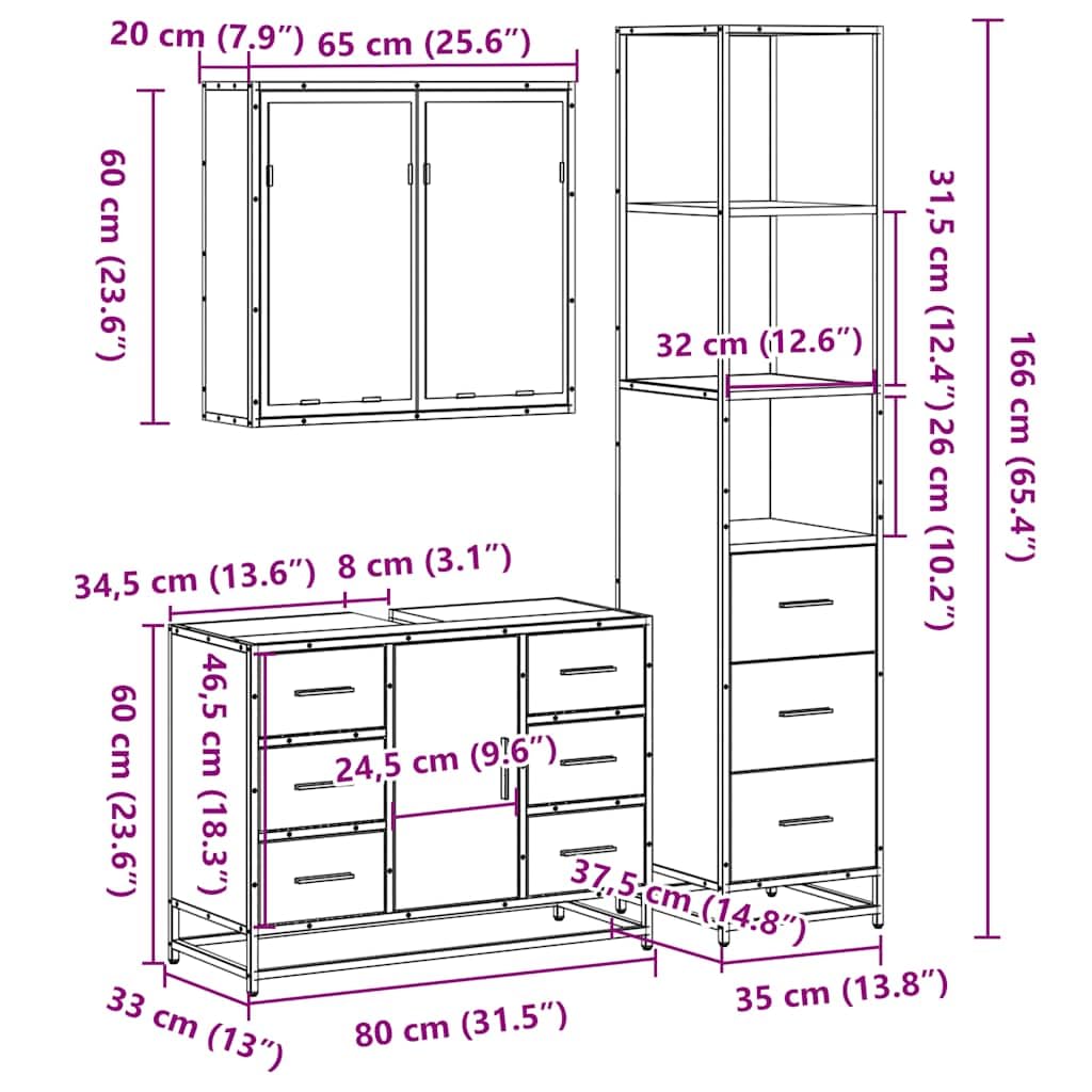 3-częściowy zestaw mebli łazienkowych, dąb sonoma, materiał drewnopochodny z szafką pod umywalkę, szafka z lustrem i wysoka szafka, oszczędność miejsca, wiszące i stojące, do łazienki z dużą