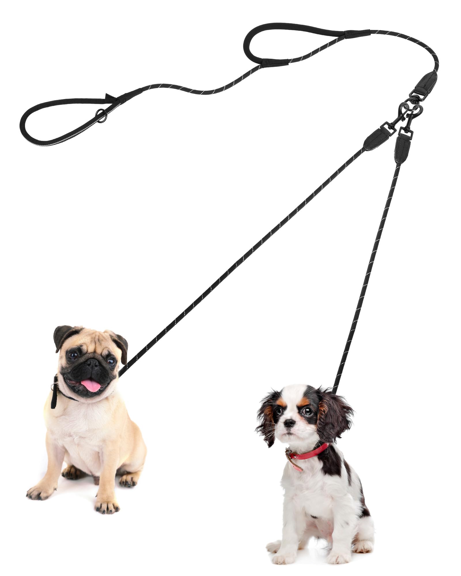PetBonus Rope Double Dog Lead, No Tangle Dual Lead, Reflective Walking Training Leash with Two Comfortable Padded Handles, Lead Coupler for Small Medium Dogs (5-25 kg, Black)