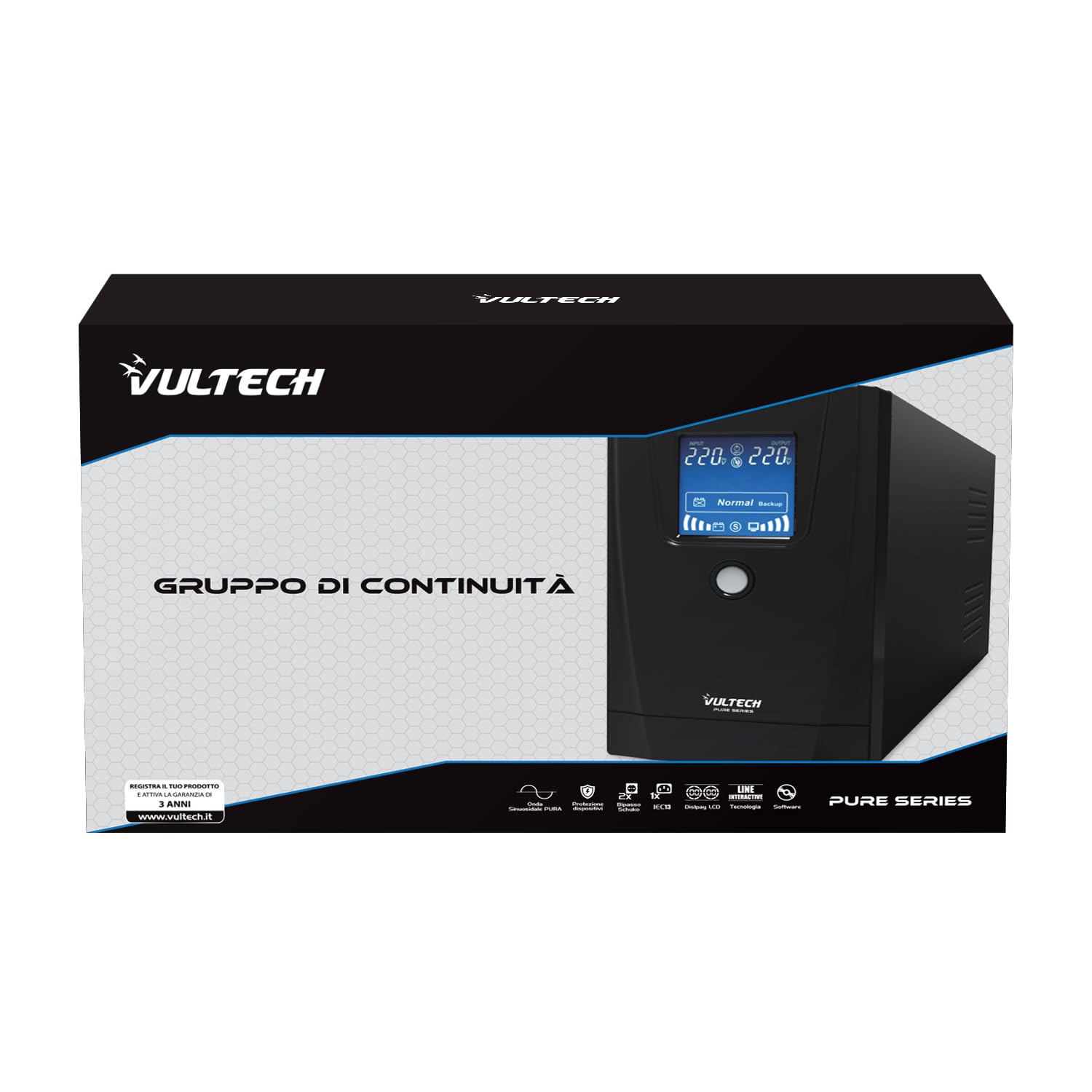 Sistema de alimentación ininterrumpida Vultech ups 1000 VA Pure - Line-Interactive con Onda sinusoidal Pura - Pantalla LCD