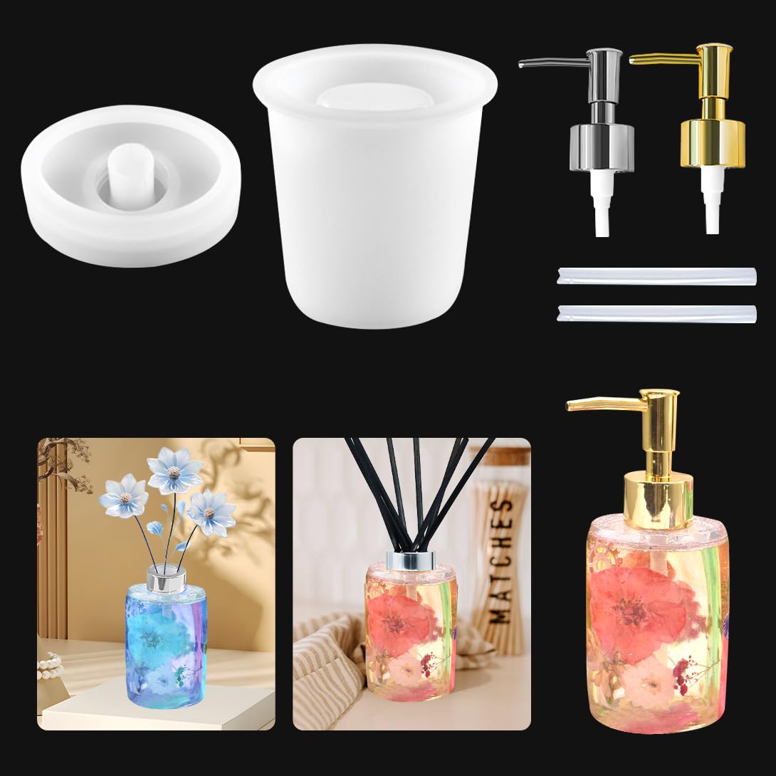 Koonafy Bottle Resin Mold with Pump Soap Dispenser Resin Mold Perfume Bottle Silicone Molds for Epoxy Casting DIY Bottle Pen Flower Storage Candle