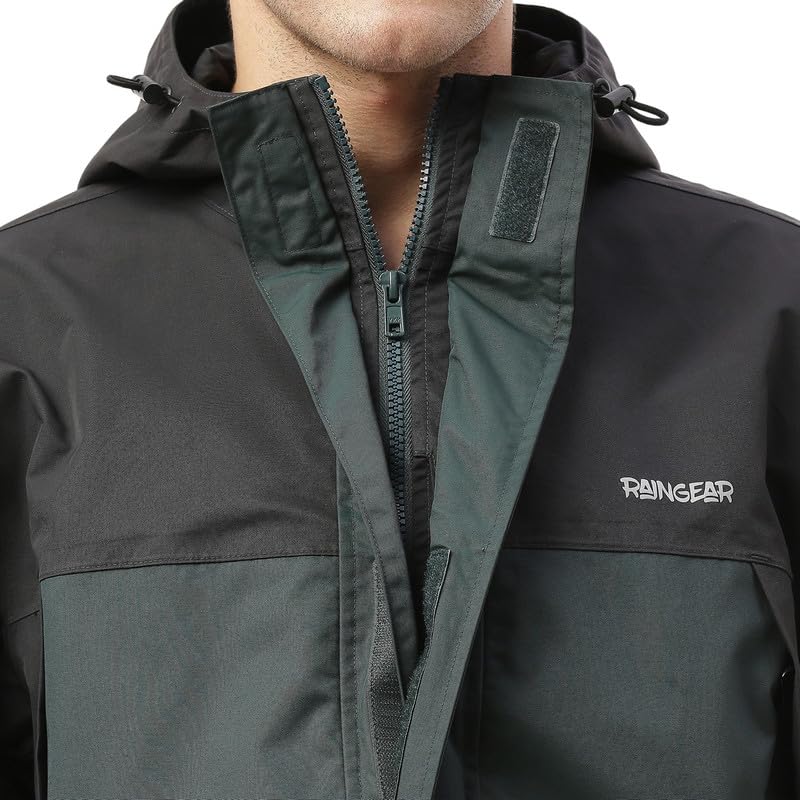 Image of ZEEL Raingear Stylish Rain Jacket for Men Waterproof for Bike Riders with Adjustable Hood along with inner pockets,Waterproof Rainwear with Lightweight Polyester Jacket, ZRS001 Black Green 2XL
