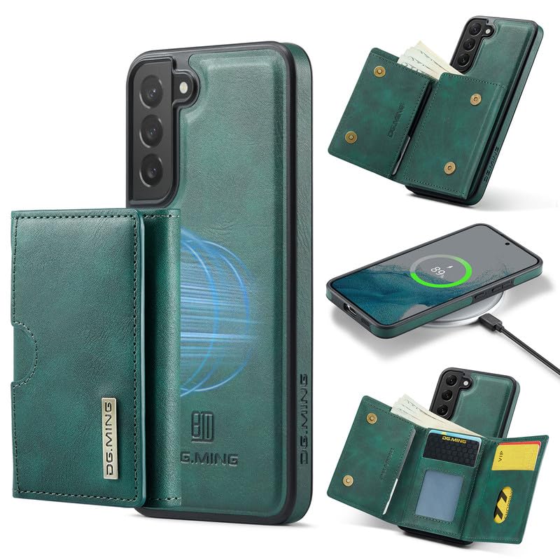 Étui en cuir pour Samsung S22+ avec portefeuille magnétique 2 en 1 amovible et blocage RFID vert