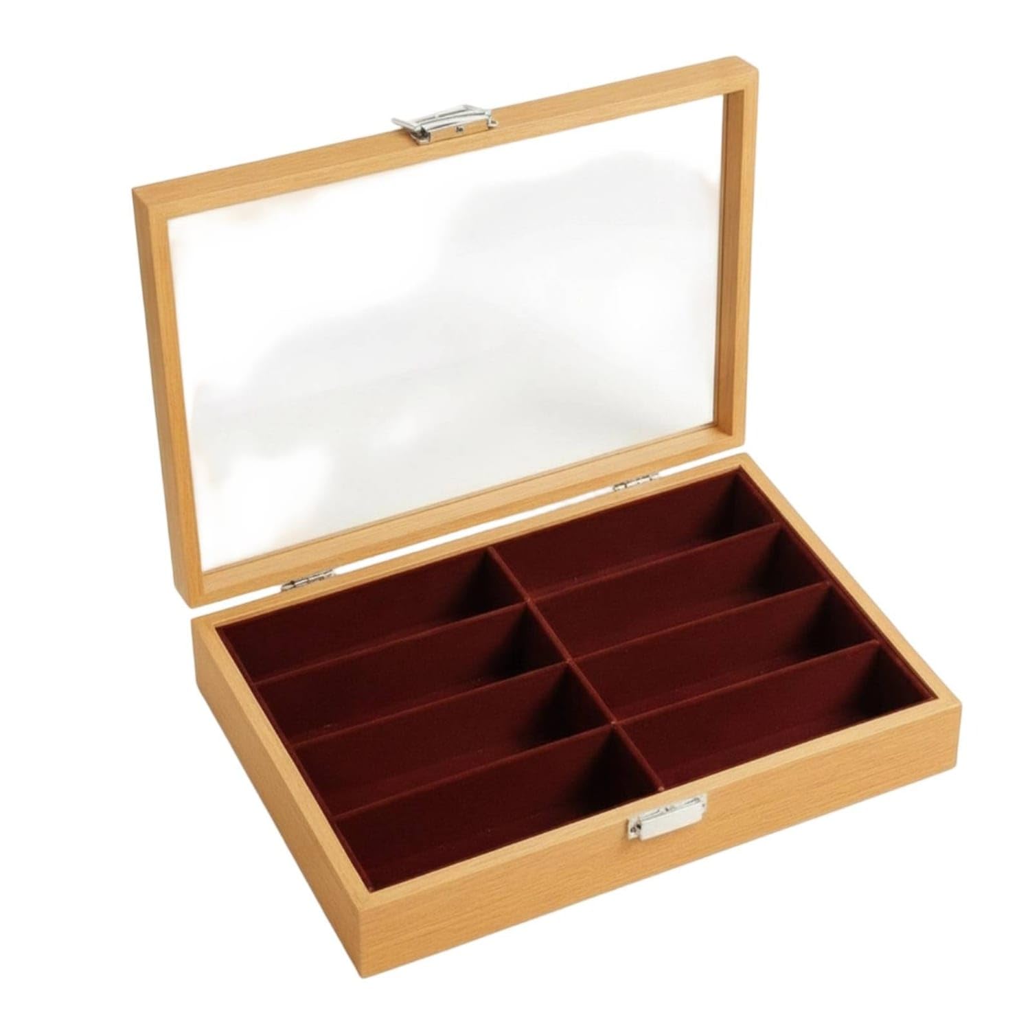 Wooden-Grain Sunglasses Organizer 8-Compartment Sunglass Box with Glass Lid Dustproof Sunglasses Storage Box Clear for Collectors, Dresser, Closet, Rosewood Dark Coffee-image-48