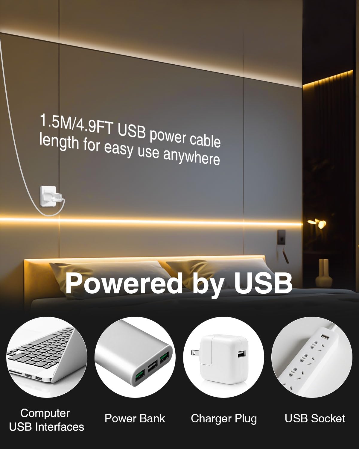 Aclorol COB LED Strip Light 5V USB 6.56FT/2M 640LEDs Dimmable LED TV Backlights Warm White 3000K with 8mm Width Cuttable for Display Cabinet Living Room Entertainment DIY Lighting Decoration (2 Pack) - Image 3