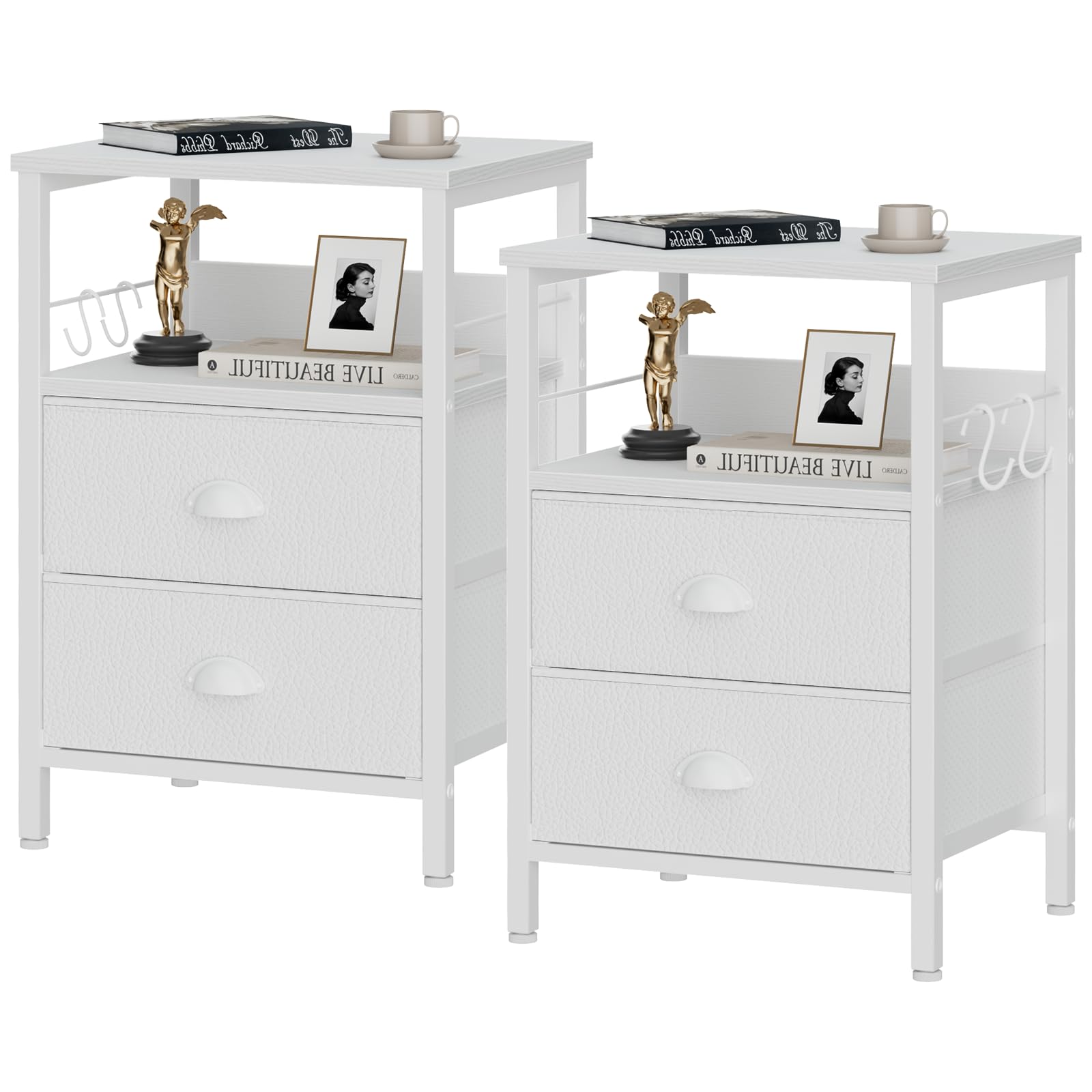 Furologee Nightstands Set 2, Bedside Table with 2 Fabric Drawers, End Table with 2 Hooks, Open Wood Shelf Side Sofa Table for Bedroom/Living Room/Study/Hallway/White